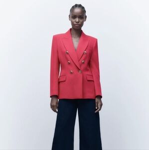 ZARA S Double-Breasted Blazer Jacket Pink Gold Lion Buttons Structured Oversized